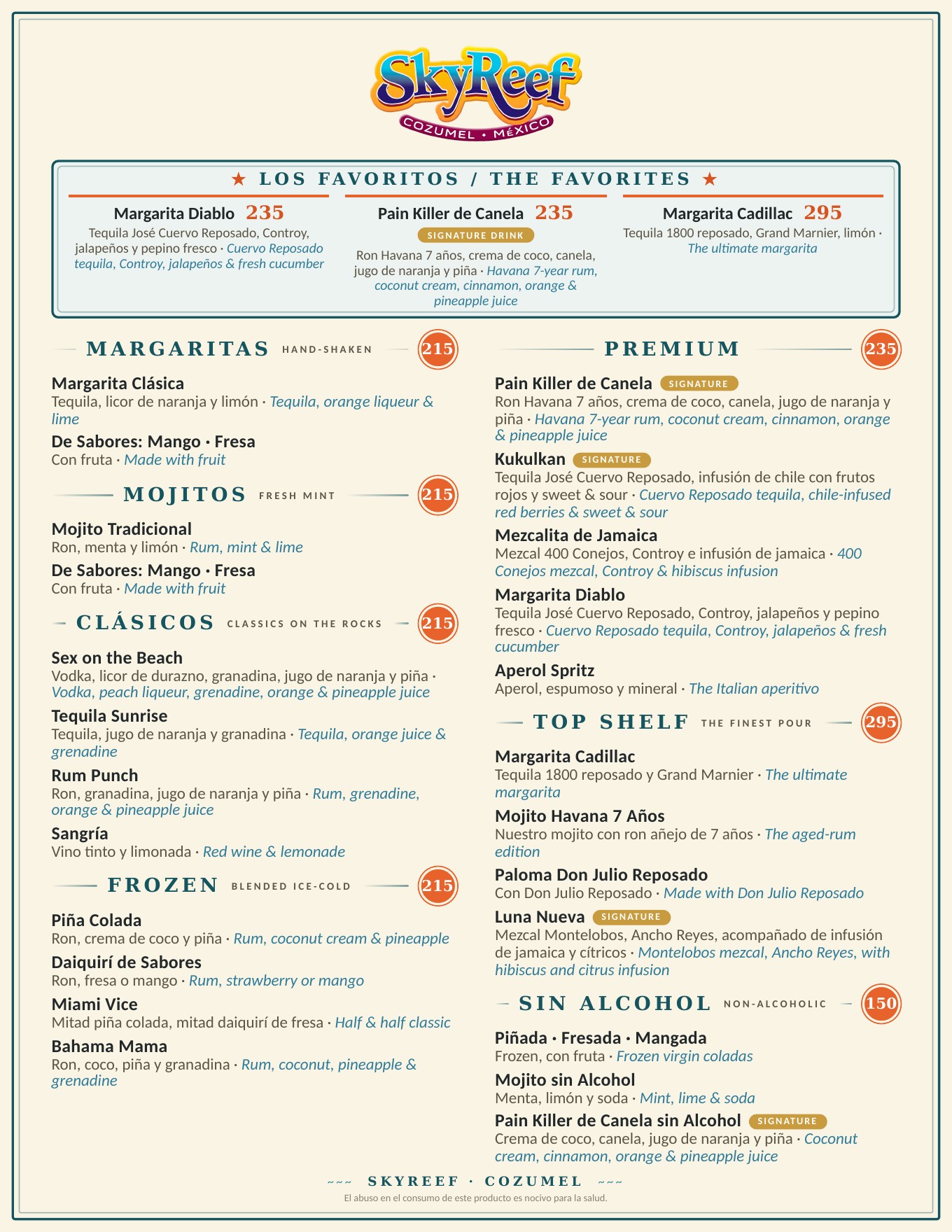 Menú de bebidas SkyReef página 1