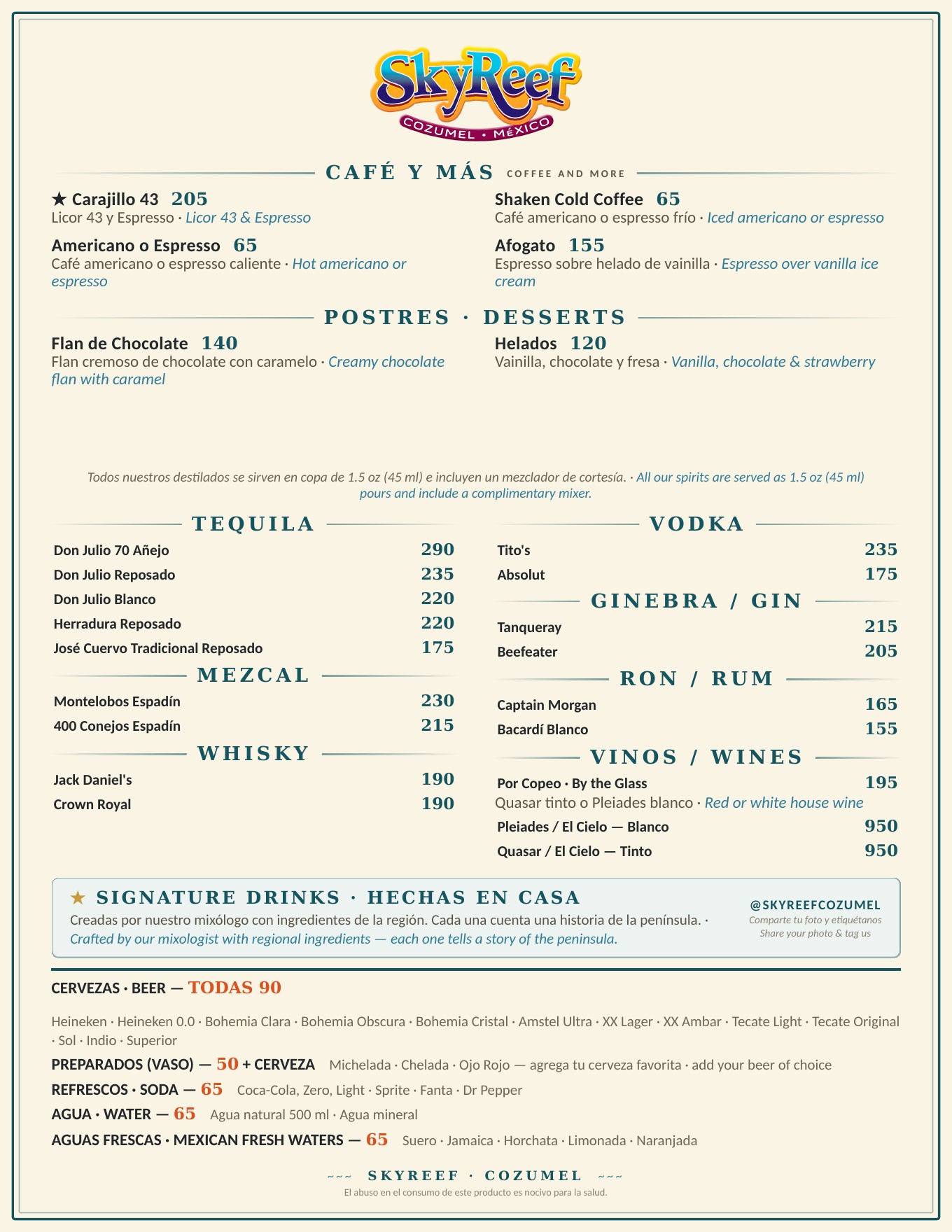 Menú de bebidas SkyReef página 2