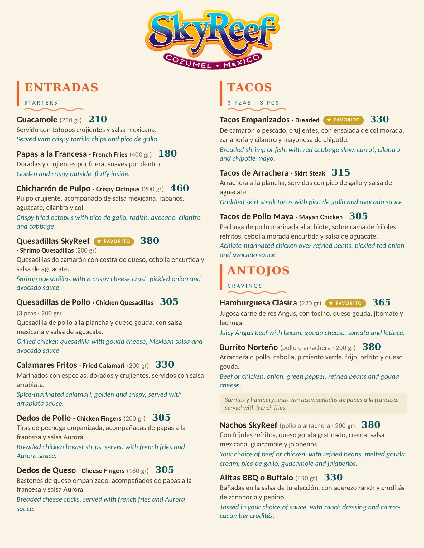 Menú de alimentos SkyReef página 1